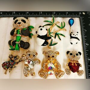 Lot 7 Cute Animal Brooch Lot Panda Teddy Bear Rhinestone Crystal Gold Tone Pins